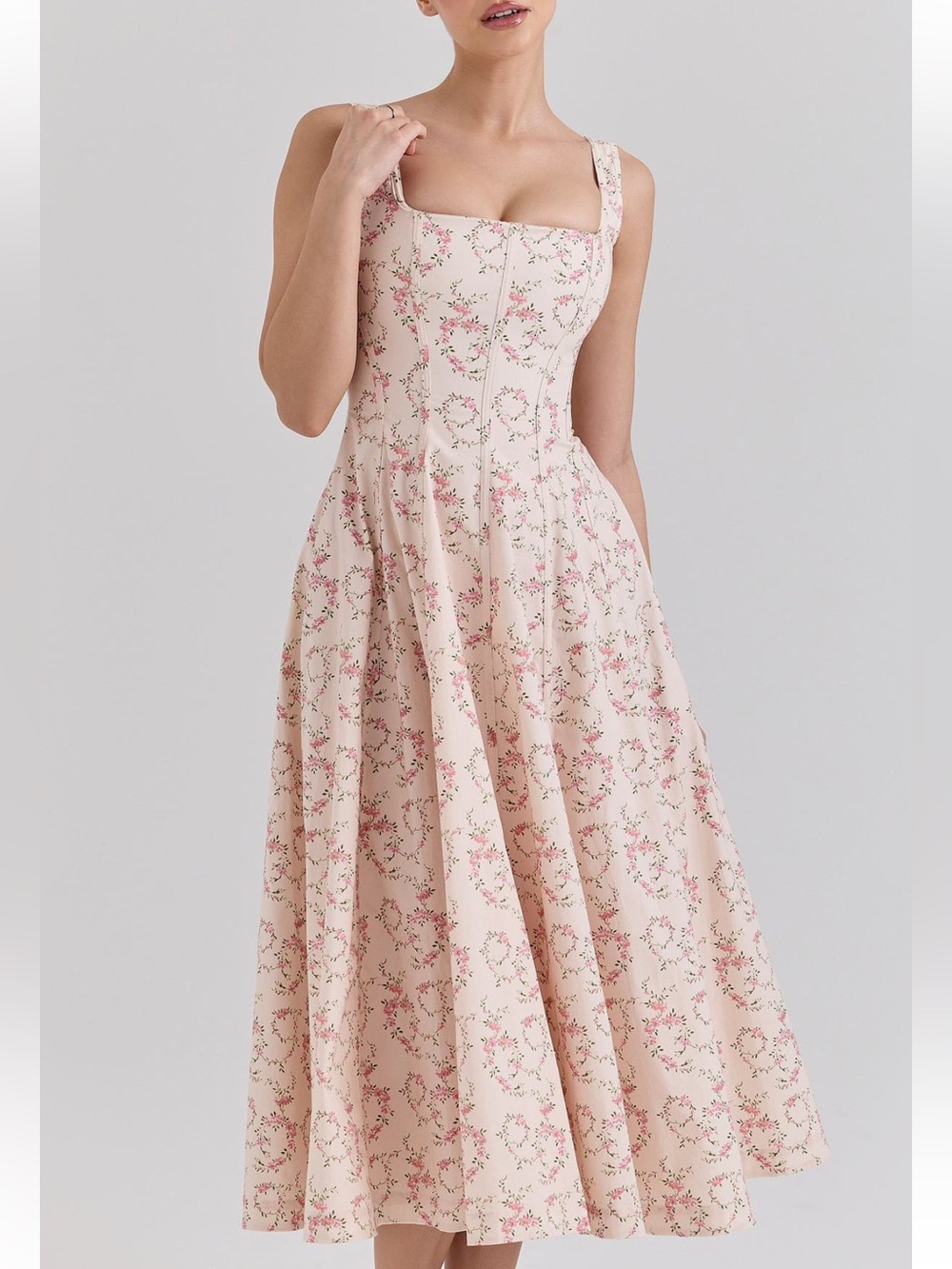 House of CB Mariabella lace up stretch cotton dress vintage floral Cream M - Picture 4 of 9